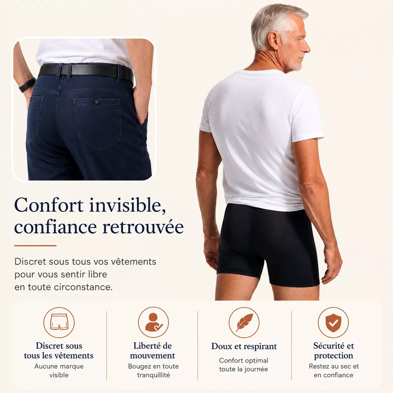 Homme senior portant le boxer anti-fuite Hardi Homme, invisible sous le pantalon