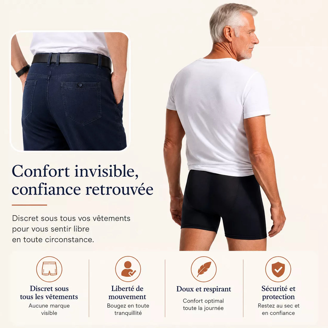 Homme senior portant le boxer anti-fuite Hardi Homme, invisible sous le pantalon